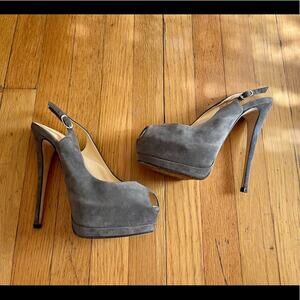 Giuseppe Zanotti Grey Patent Leather Peep Toe Six Inch Pumps
